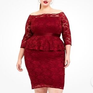Torrid Red Off Shoulder Peplum 3/4 Sleeve Stretch Lace Special Occasion Dress 18